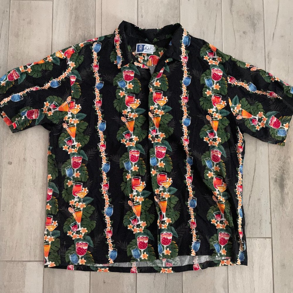 Hawaiian Shirt Styled By RJC Drinks Blue Mai Tais Leis Flowers Black Floral 3XL